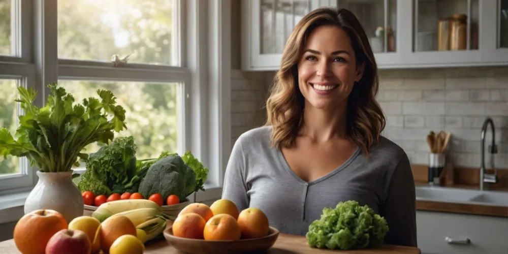 Glückliche Frau in der Küche mit frischem Obst und Gemüse – Abnehmen durch Ernährungsumstellung ohne Sport.
