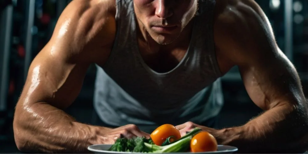 Muskulöser, verschwitzter Mann mit zusammengebundenen Haaren macht eine intensive Plank-Übung im Fitnessstudio. Vor ihm steht ein Teller mit gesunden Lebensmitteln wie Brokkoli, Sellerie und Tomaten. Sein konzentrierter Blick zeigt die Verbindung zwischen Sport, Disziplin und gesunder Ernährung.