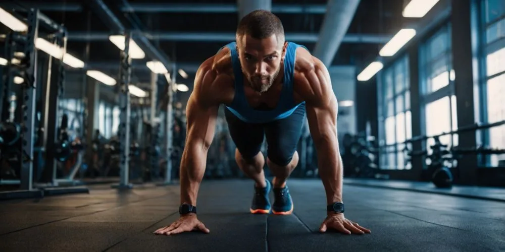 HIIT-Training zum Abnehmen: Ein trainierter Mann führt eine intensive Liegestütz-Übung im Fitnessstudio aus. Perfekt für Fettverbrennung und Muskelaufbau.