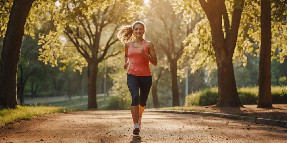 Junge, sportliche Frau joggt auf einem sonnigen Parkweg, umgeben von grünen Bäumen. Sie trägt ein oranges Sport-Top und schwarze Leggings, wirkt motiviert und lächelt während des Laufens. Die Morgensonne strahlt durch das Blätterdach und erzeugt eine warme, inspirierende Atmosphäre.